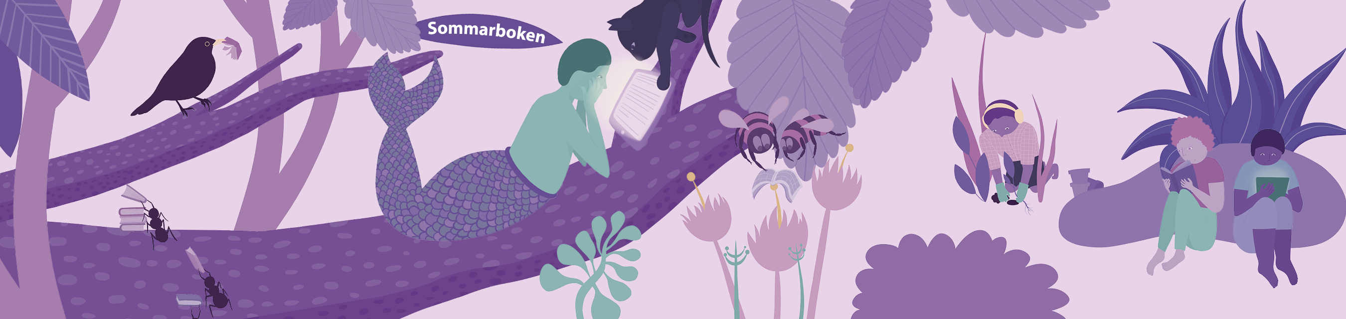 Illustration där människa med fiskstjärt ligger och läser i ett träd.