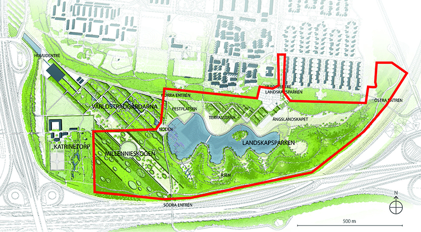 Kartillustration av Lindängelund med gränser för detaljplanen.