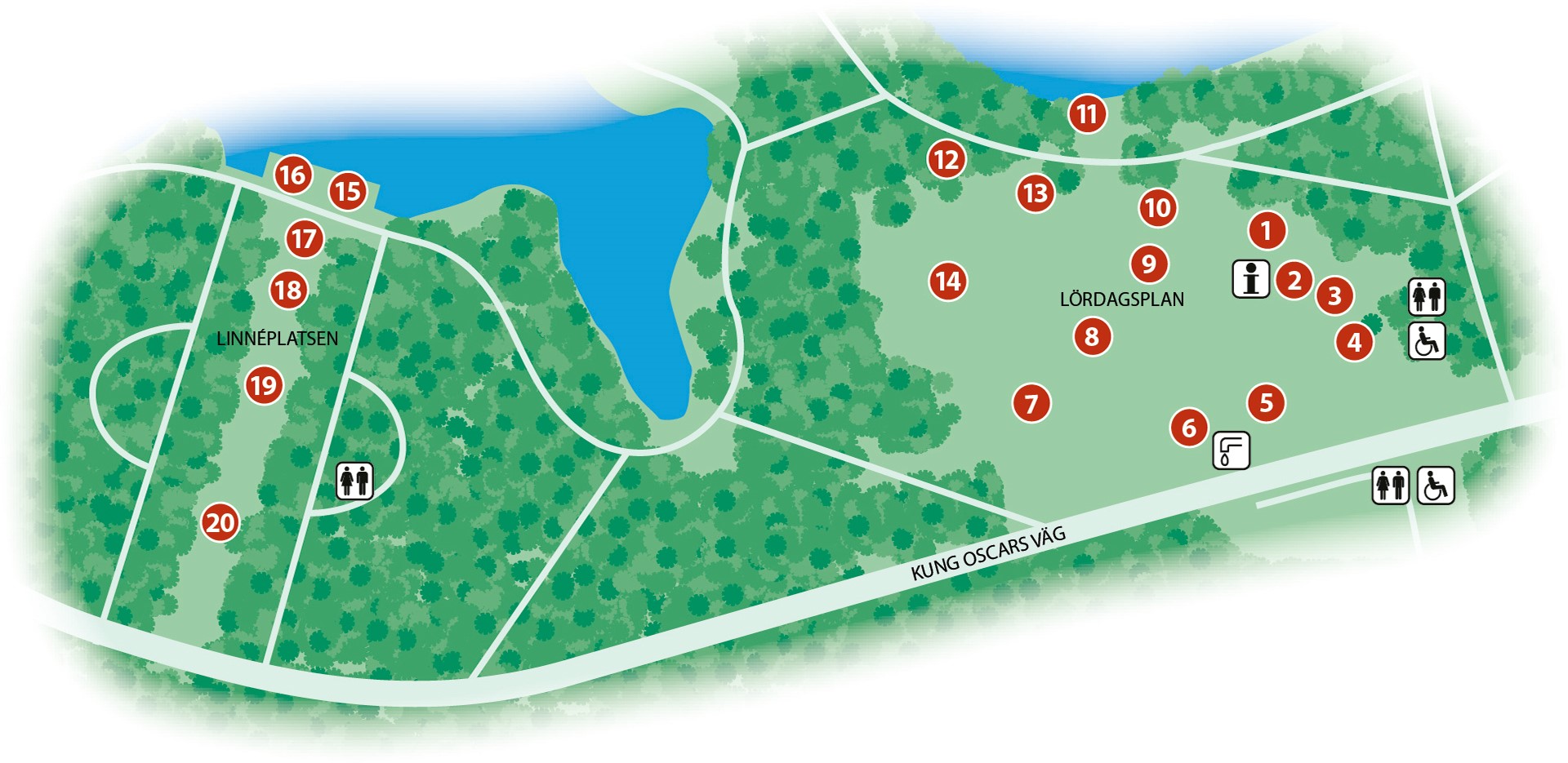 Kartillustration som visar var alla aktiviteter på barnens parkfestival äger rum. För att visa var någonstans så används siffror som markörer som överensstämmer i listan nedanför bilden.