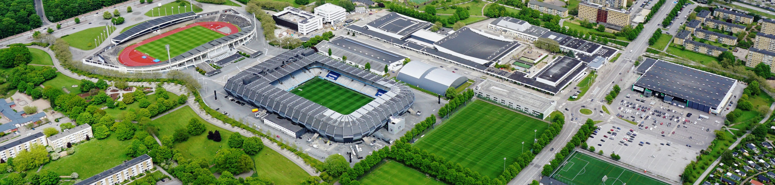 Flygbild över stadionområdet som är en plats i Malmö med flera arenor och lokaler på samma ställe.