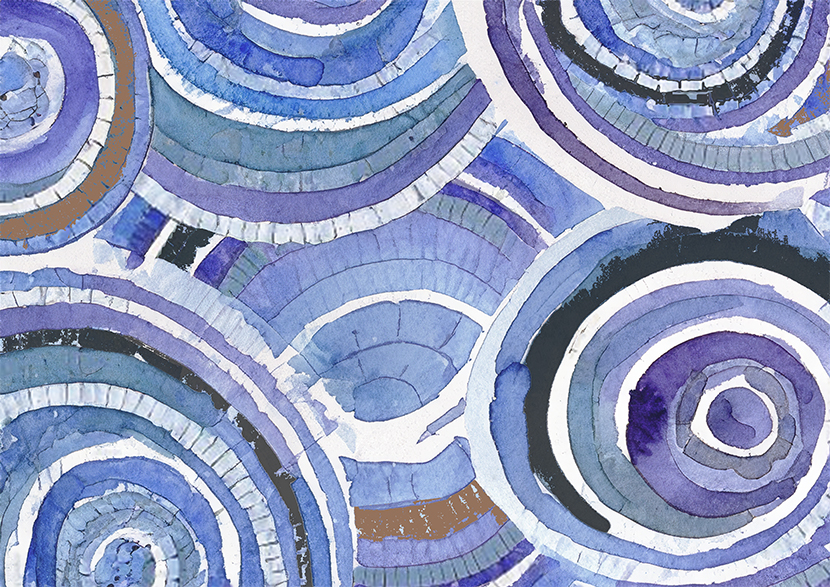 akvarellmålat mosaikmönster med cirklar i mest blått men även vitt och brunt. Mosaik är årets tema för blomsterprogrammet.